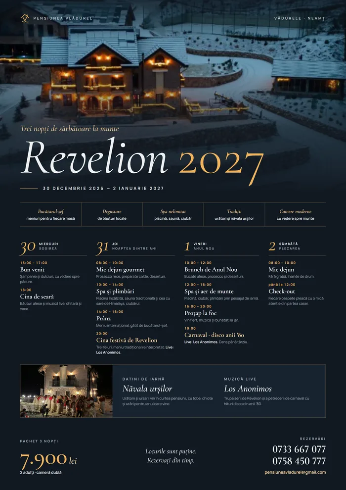 Afișul Revelion 2027 la Pensiunea Vlădurel, cu programul pe zile